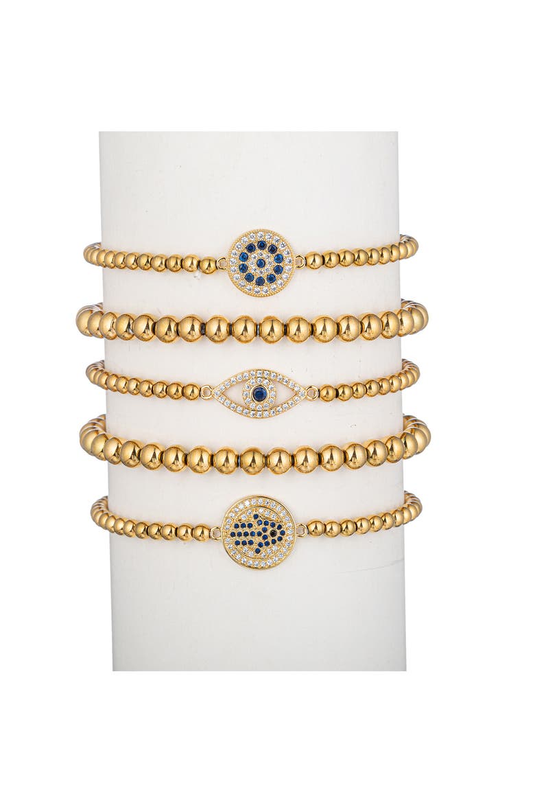 Sabrina CZ Evil Eye Titanium Beaded Stretch Bracelet Set, Main, color, GOLD