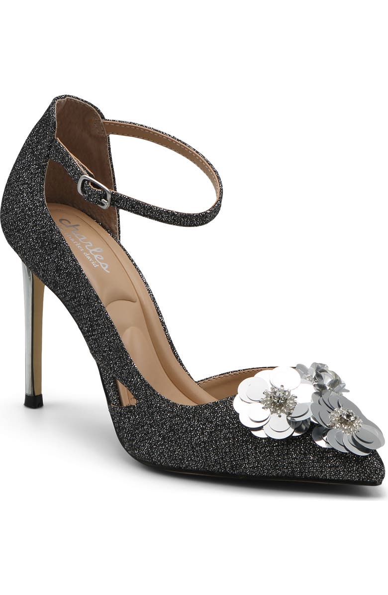 Charles by Charles David Rae Ankle Strap Half d'Orsay Pointed Toe Pump, Main, color, Black-Sparkle