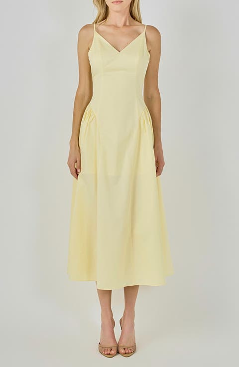 V-Neck Side Puff Midi Dress