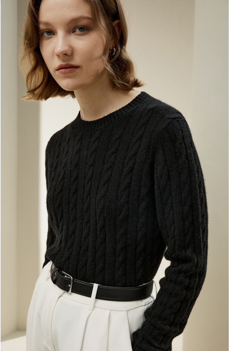 Lilysilk Women's Classic Cable Knit Sweater with Ribbed Edges, Alternate, color, Black