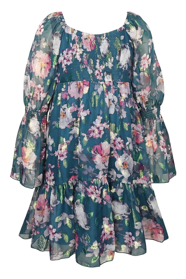 Kids' Metallic Floral Tiered Long Sleeve Babydoll Dress, Main, color, TEAL MULTI