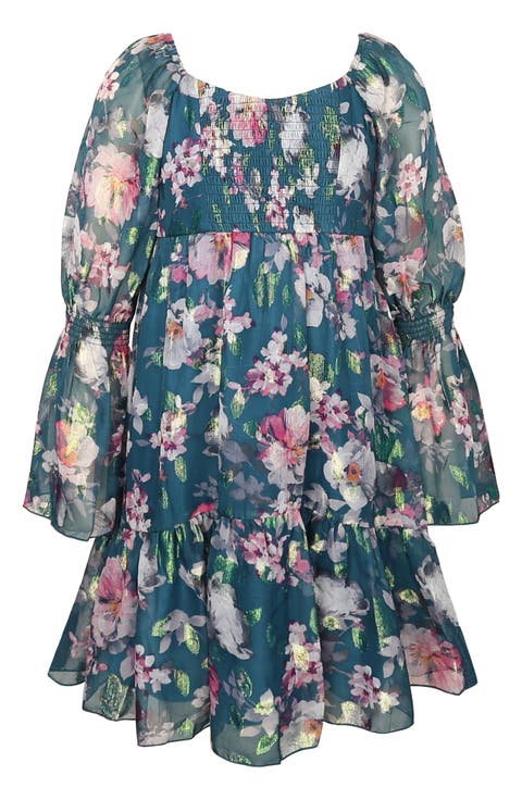 Kids' Metallic Floral Tiered Long Sleeve Babydoll Dress