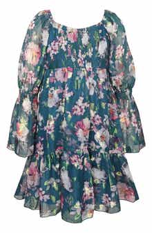 Kids' Metallic Floral Tiered Long Sleeve Babydoll Dress