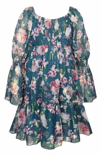 Kids' Metallic Floral Tiered Long Sleeve Babydoll Dress