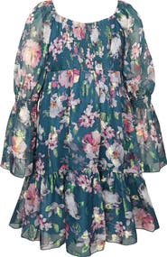 Zunie Kids' Metallic Floral Tiered Long Sleeve Babydoll Dress