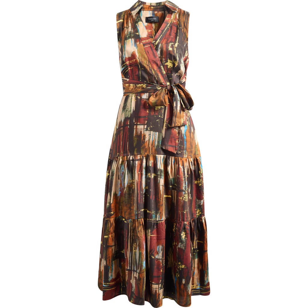 Tahari Asl Sleeveless Tie Waist Maxi Shirtdress In Brown