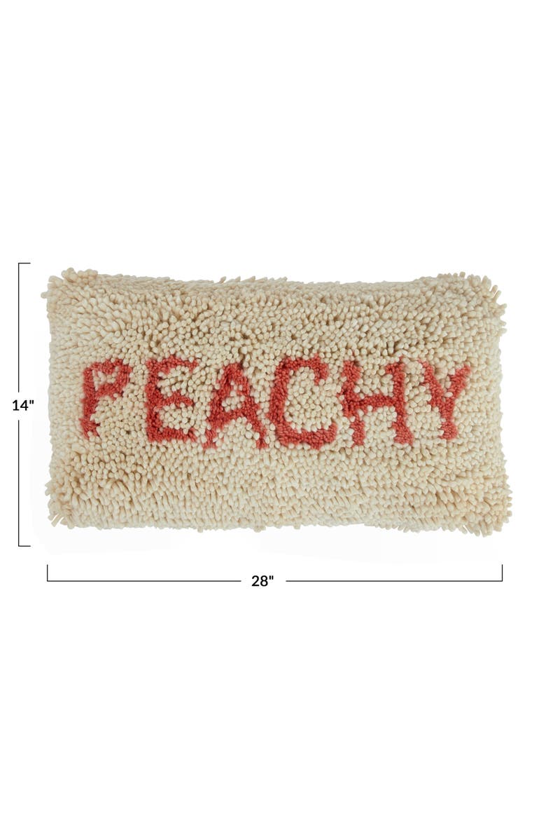 Tufted Wool and Cotton Lumbar Pillow with "Peachy" Message, Cream and Red, Alternate, color, Ivory