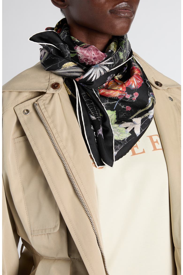 Spider Floral Silk Twill Square Scarf, Alternate, color, BLACK/ IVORY
