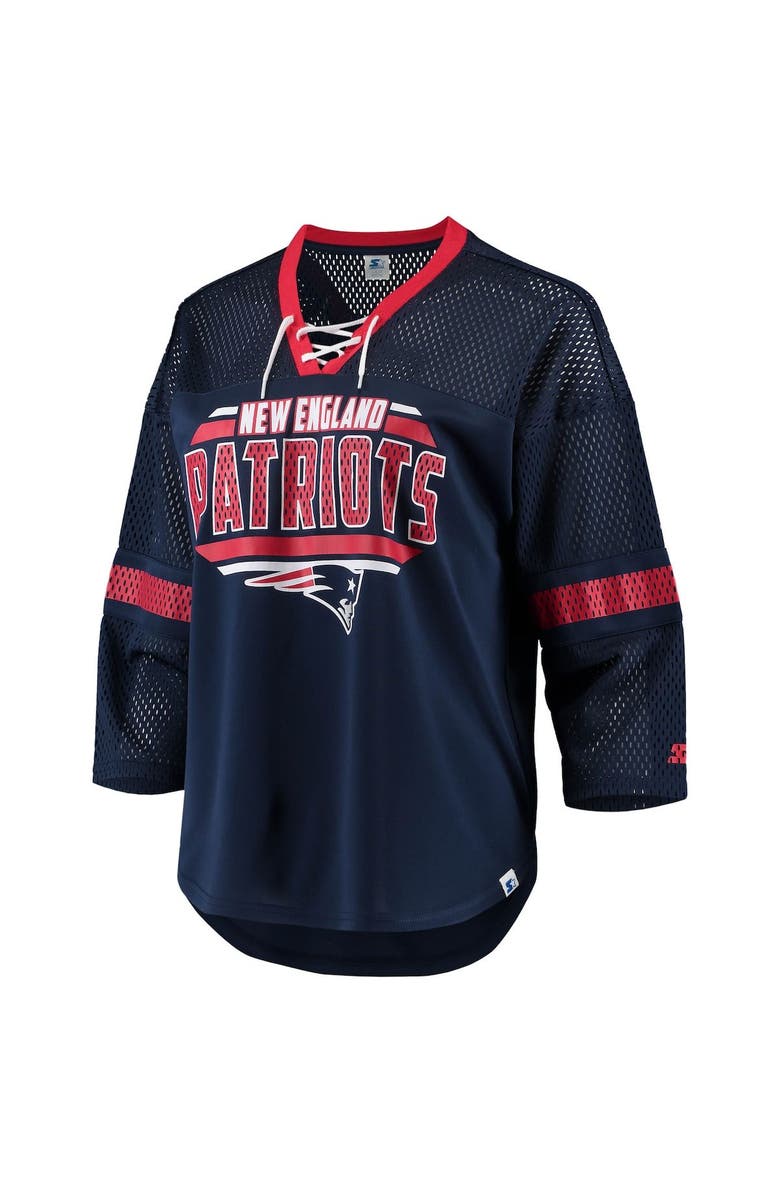 STARTER Women's Starter Navy New England Patriots Lead Game Lace-Up V-Neck 3/4-Sleeve T-Shirt, Alternate, color, 