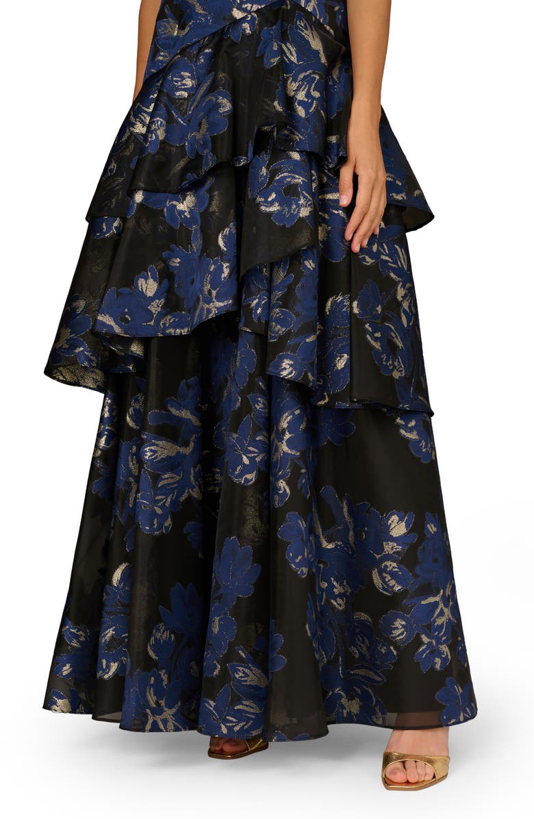 Aidan Mattox Metallic Floral Jacquard One-Shoulder Gown, Alternate, color, Navy Multi
