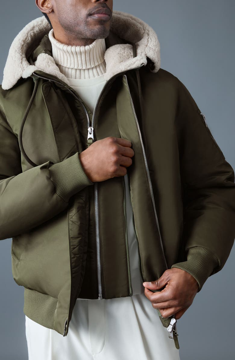 Mackage August Shearling Trim Down Bomber Jacket, Alternate, color, Light Military