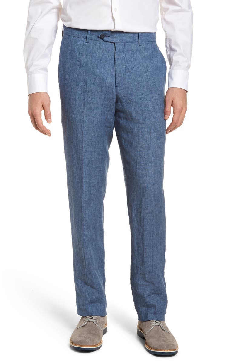 NORDSTROM MEN'S SHOP Flat Front Solid Linen Trousers, Main, color,