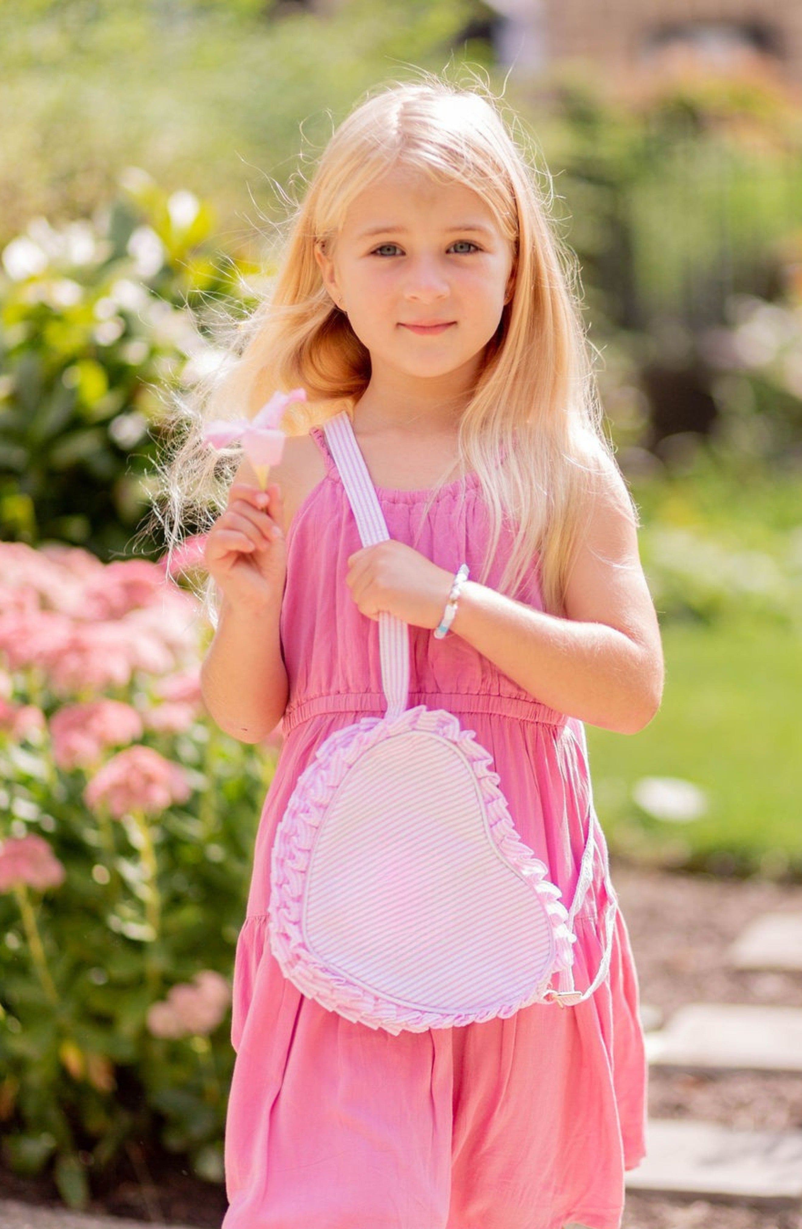 Seersucker Ruffle Girls' Heart Purse, Alternate, color, Pink/White