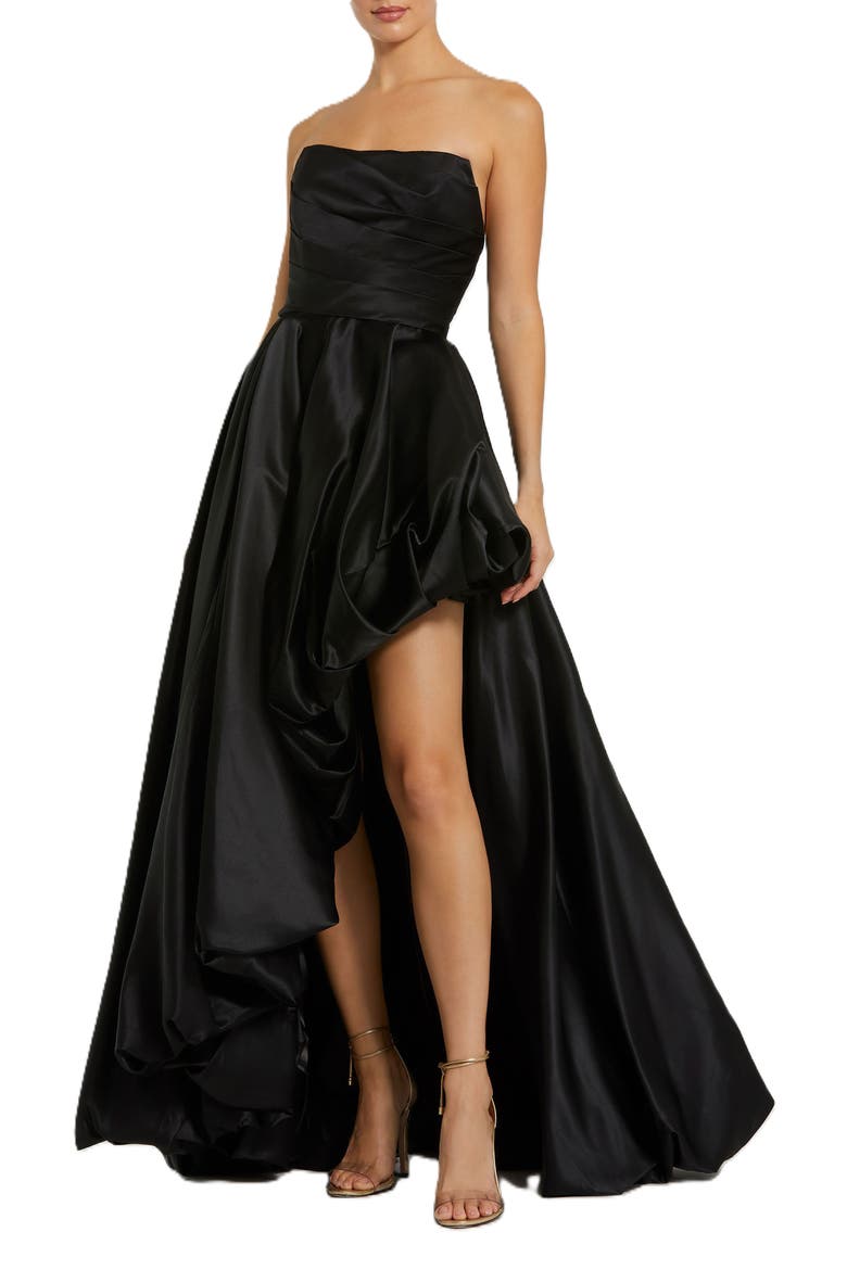 Asymmetrical High Low Strapless Ruched Gown, Main, color, Black