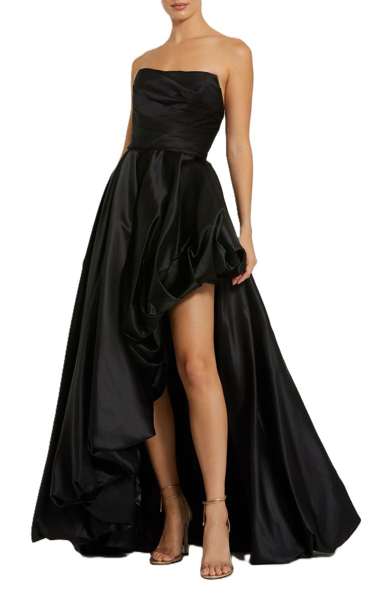 Mac Duggal Asymmetrical High Low Strapless Ruched Gown, Main, color, Black