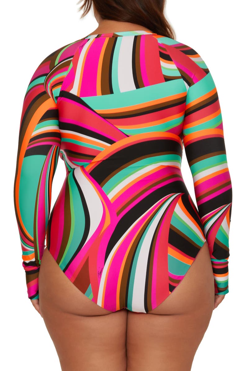 Trina Turk Lace-Up Long Sleeve One-Piece Swimsuit, Alternate, color, Pink Multi