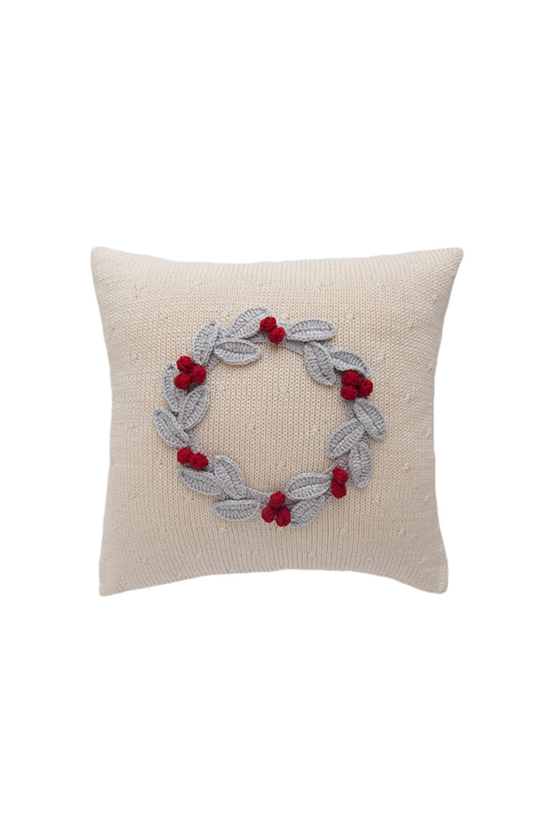 10" Grey Wreath with Berries Pillow, Ecru, Main, color, Ivory