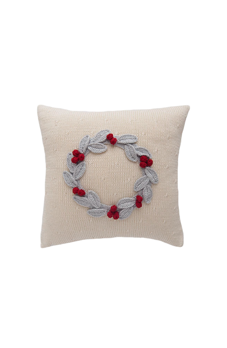 Melange Collection 10" Grey Wreath with Berries Pillow, Ecru, Main, color, 