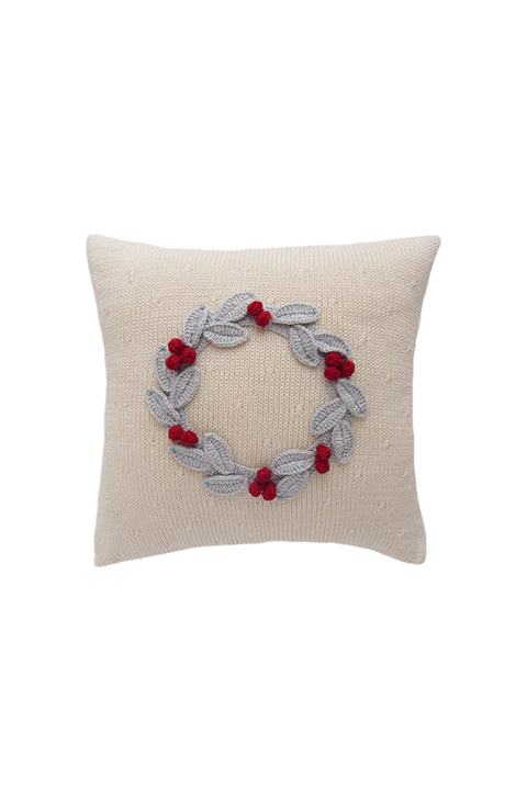 10" Grey Wreath with Berries Pillow, Ecru