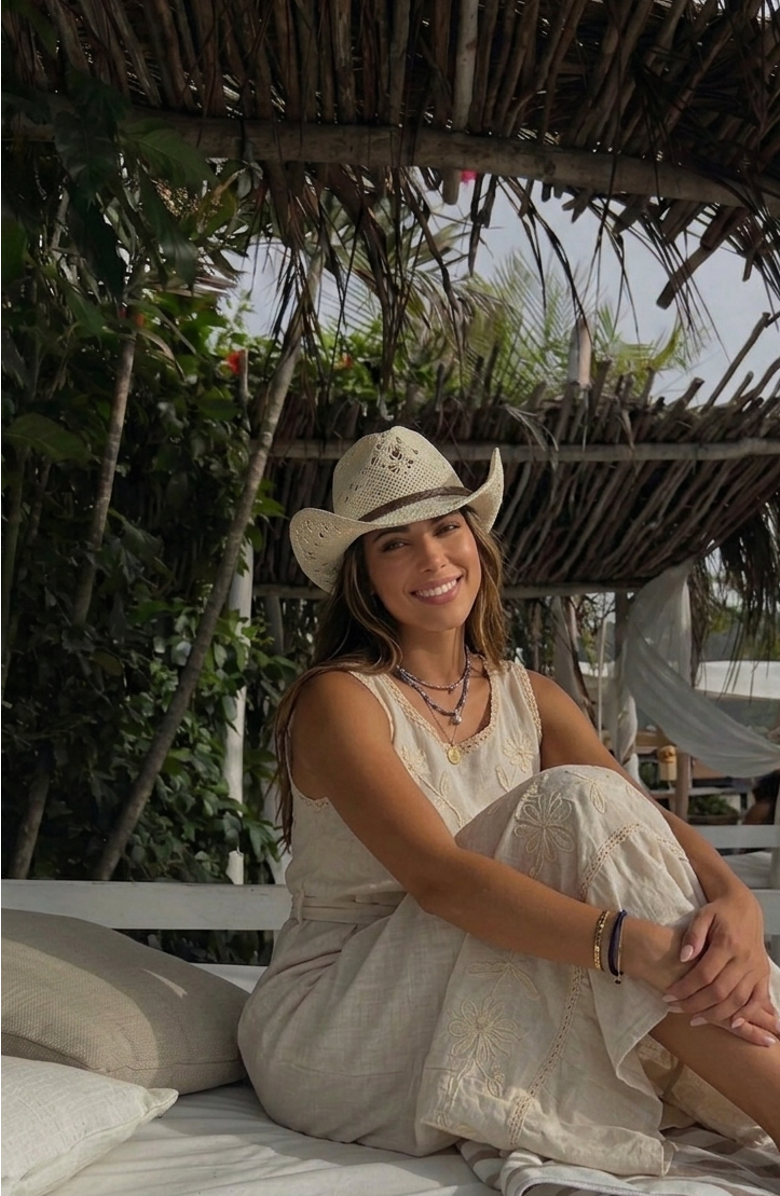 Manela Twister Breeze Handwoven Straw Sun Hat - Bohemian Summer Cowboy Hat, Alternate, color, White / Brown