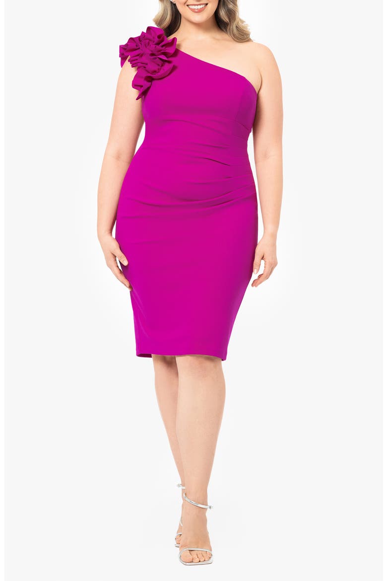 Ruffle One-Shoulder Scuba Crepe Cocktail Dress, Main, color, NEW FUCHSIA