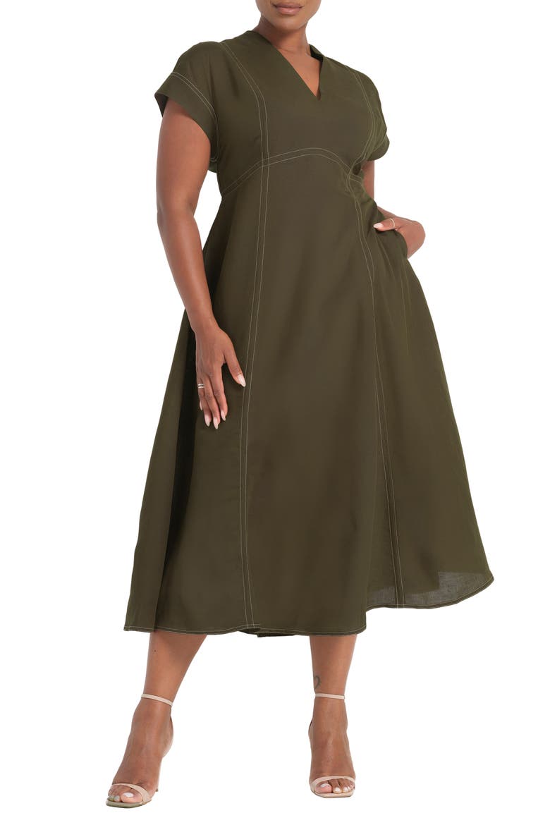Arden Linen Blend Empire Waist Dress, Main, color, OLIVE
