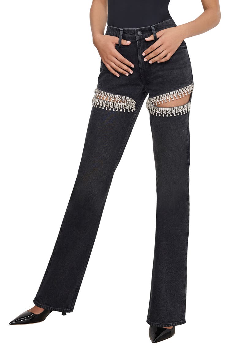 Good Icon Crystal Embellished Cutout Straight Leg Jeans, Main, color, BLACK376