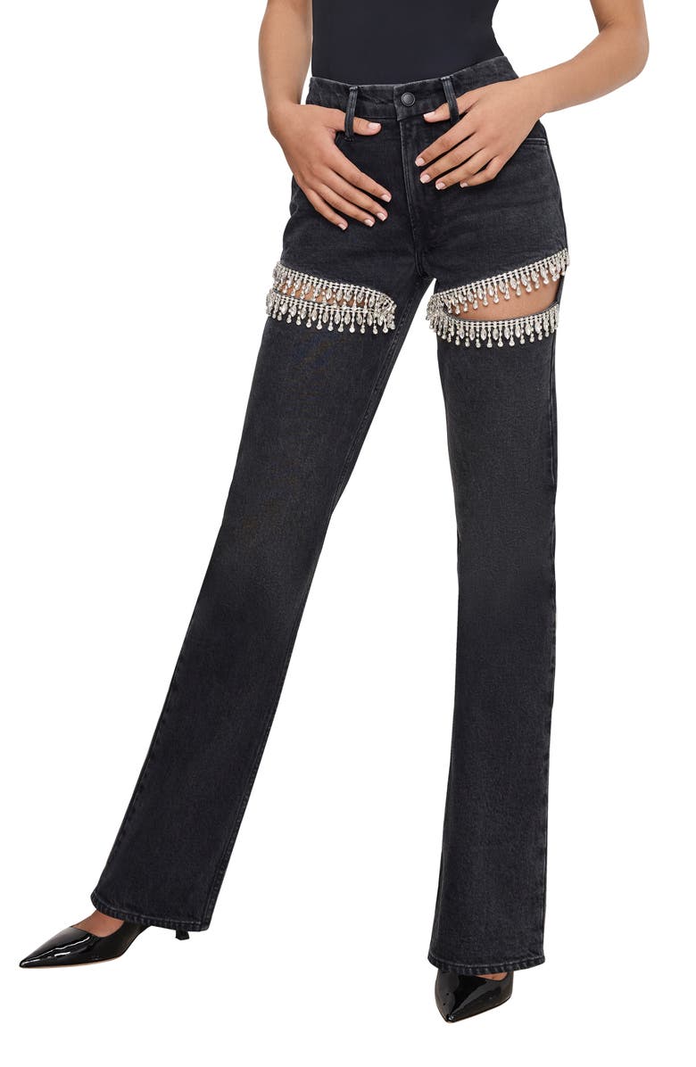 Good American Good Icon Crystal Embellished Cutout Straight Leg Jeans, Main, color, Black376