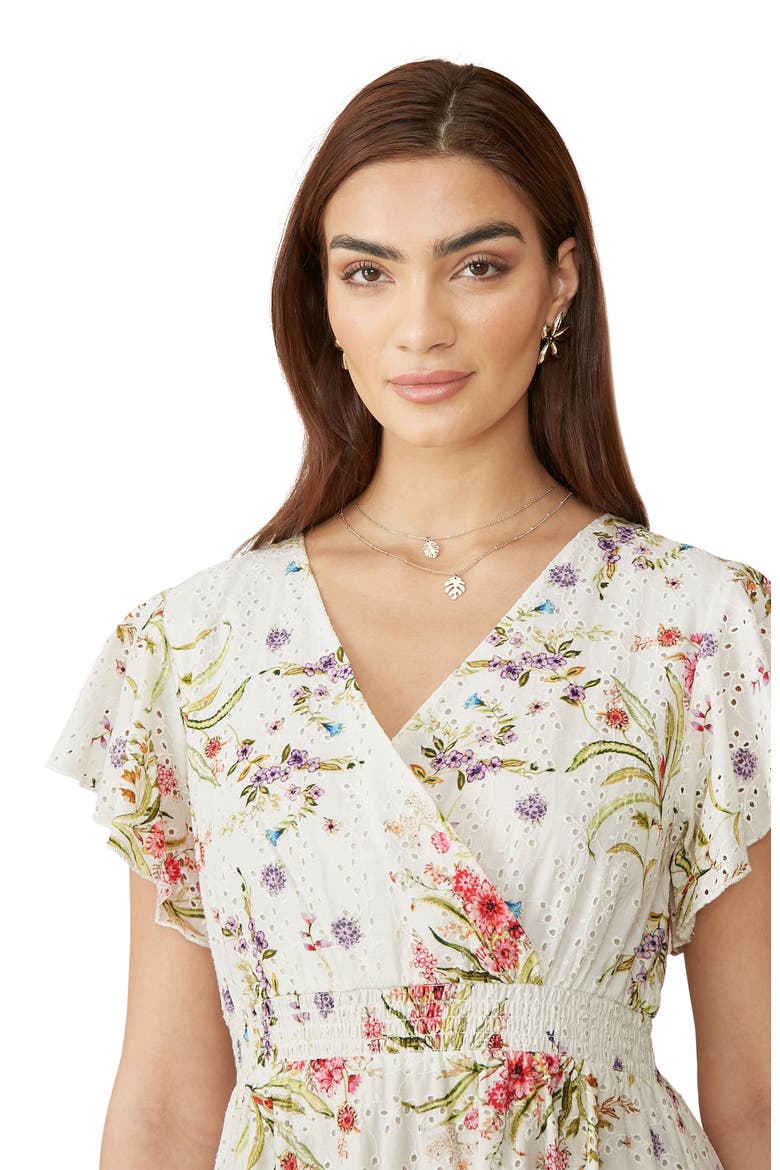 Floral Broderie Anglaise Wrap Midi Dress, Alternate, color, Ivory