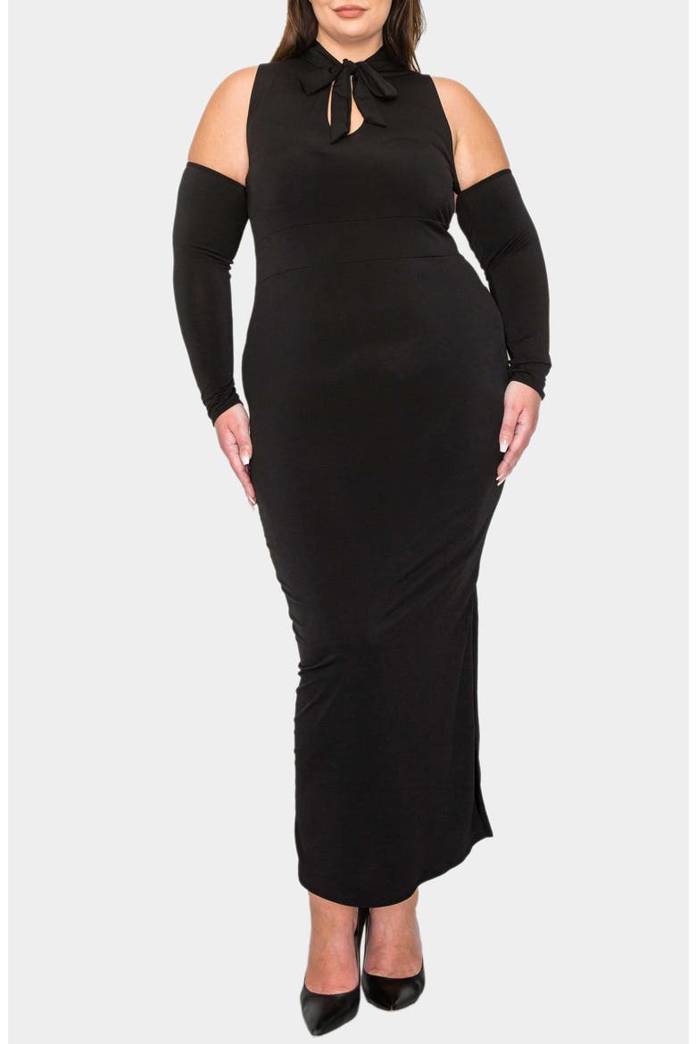 Fatale Tie Neck Cold Shoulder Long Sleeve Dress, Main, color, BLACK
