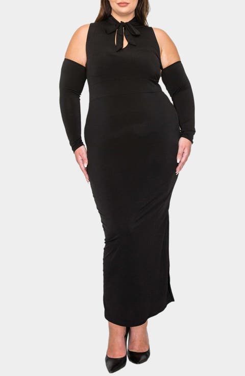 Fatale Tie Neck Cold Shoulder Long Sleeve Dress (Plus)
