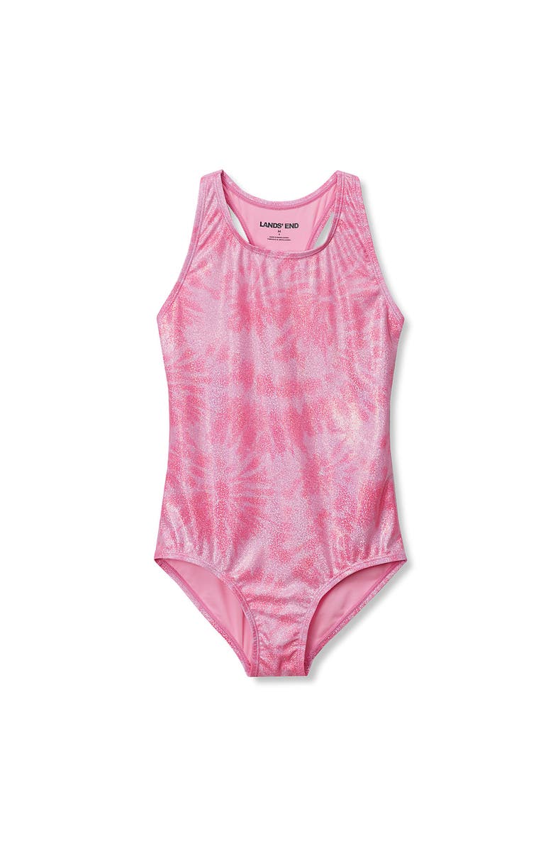 Lands' End Girls Plus Chlorine Resistant Sporty Hi-Neck Racer Back One Piece Swimsuit, Alternate, color, Pink/Foil/Tie Dye