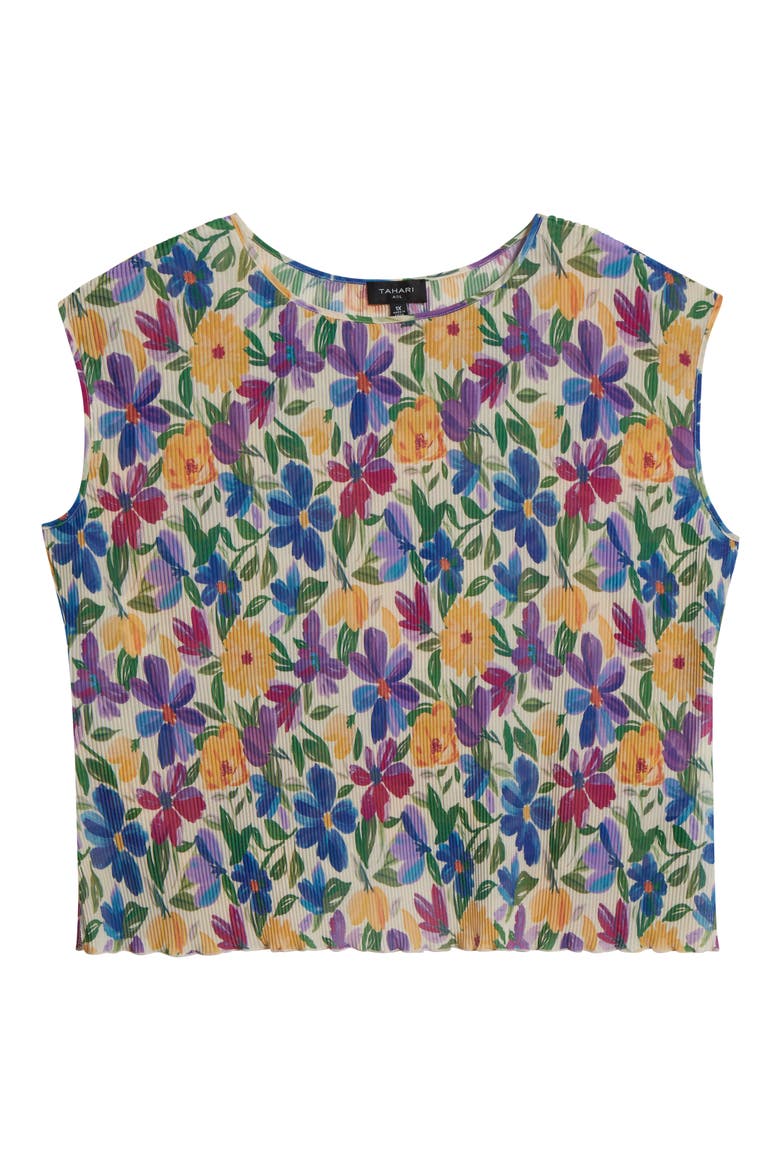 Floral Plissé Cap Sleeve Top, Alternate, color, SAND JUNGLE