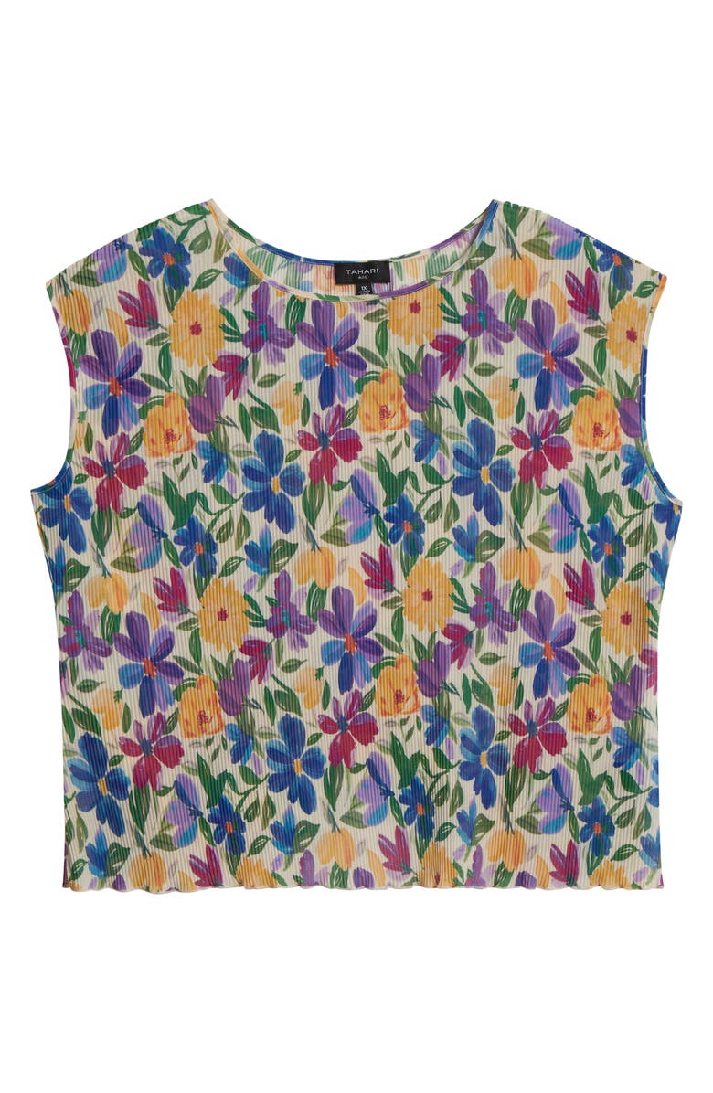 Tahari ASL Floral Plissé Cap Sleeve Top, Alternate, color, Sand Jungle
