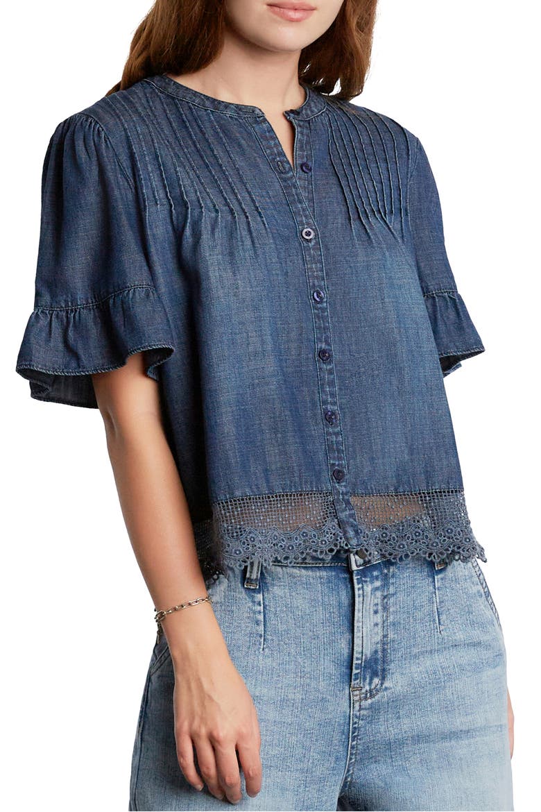 Pleat Button-Up Top, Alternate, color, DUSK DENIM
