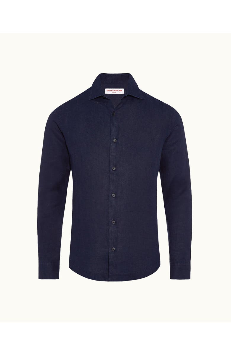 Orlebar Brown Giles Linen Cutaway Collar Tailored Fit Linen Shirt, Alternate, color, Navy