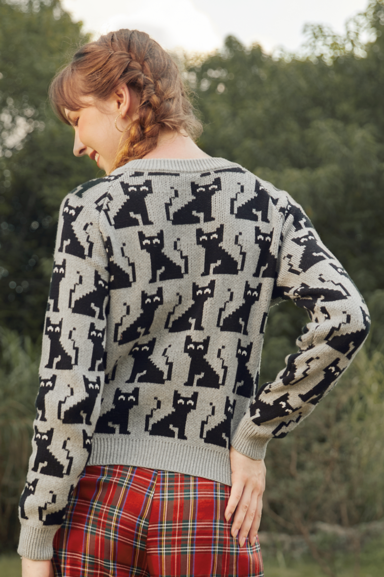 Notes of Nostalgia Crewneck Cat Cardigan, Alternate, color, Cozy Clouds
