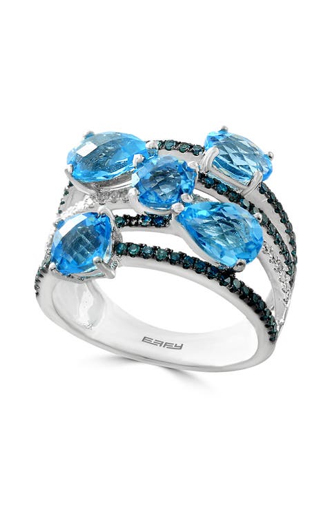14K White Gold Layered Blue Topaz & Blue Diamond Ring