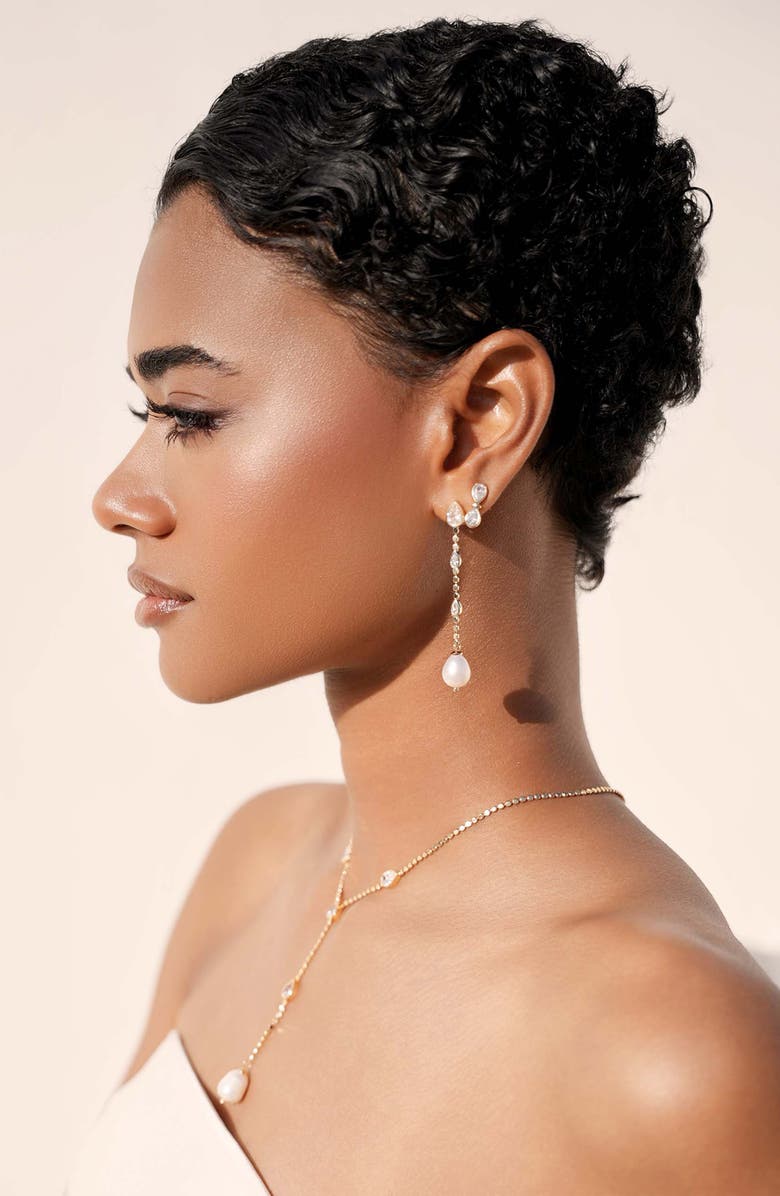 Ettika Teardrop Cubic Zirconia & Freshwater Pearl Drop Earrings, Alternate, color, Gold