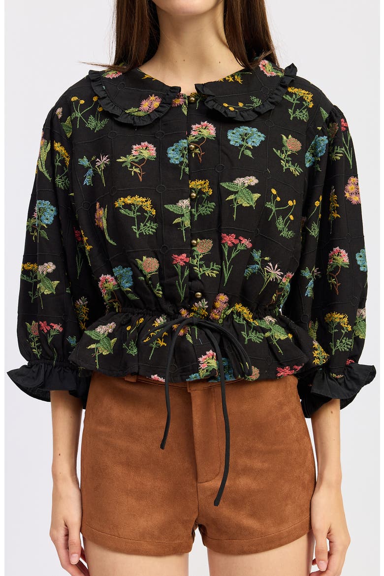 Lia Embroidered Ruffle Peplum Button-Up Shirt, Alternate, color, BLACK MULTI