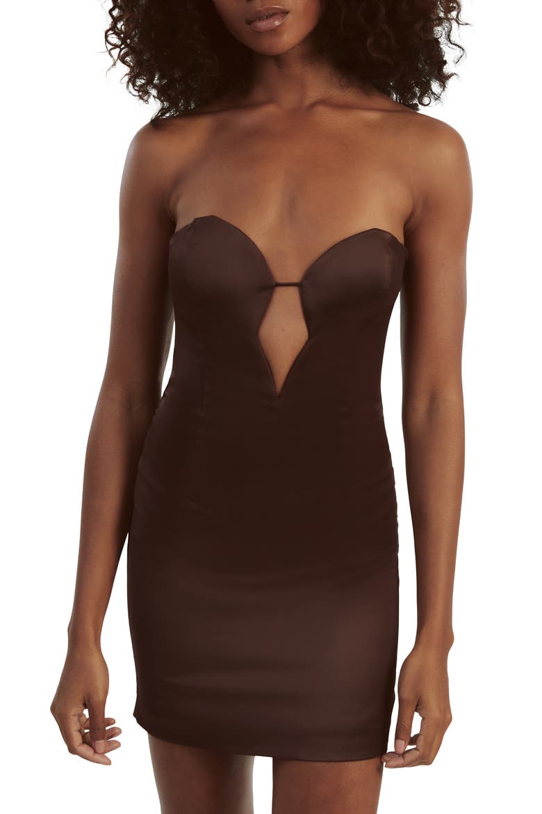 Eleni Plunge Neck Strapless Satin Minidress, Alternate, color, CHOCOLATE