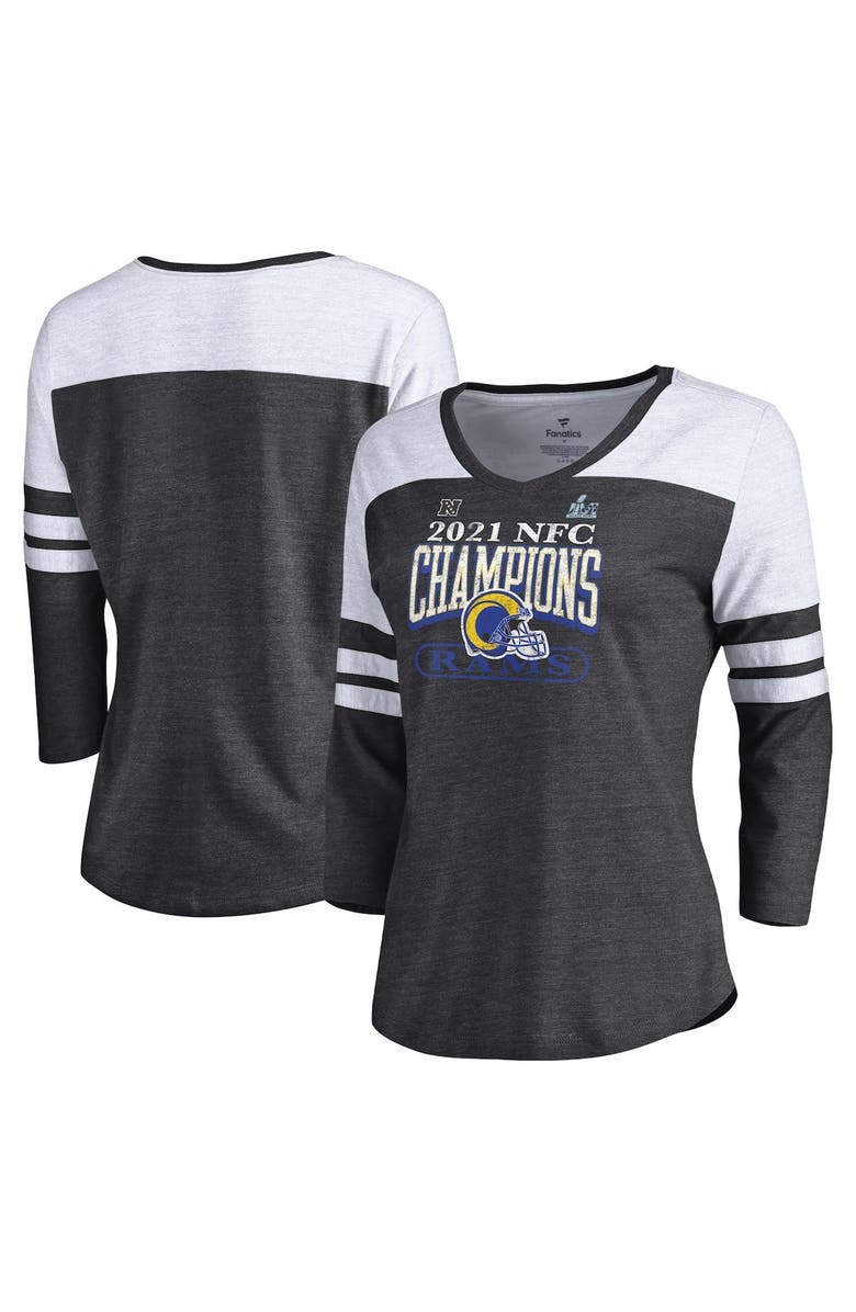 FANATICS Women's Fanatics Branded Heathered Charcoal Los Angeles Rams Super Bowl LVI Bound Classic Play Stripe 3/4-Sleeve Scoop Neck T-Shirt, Main, color, 