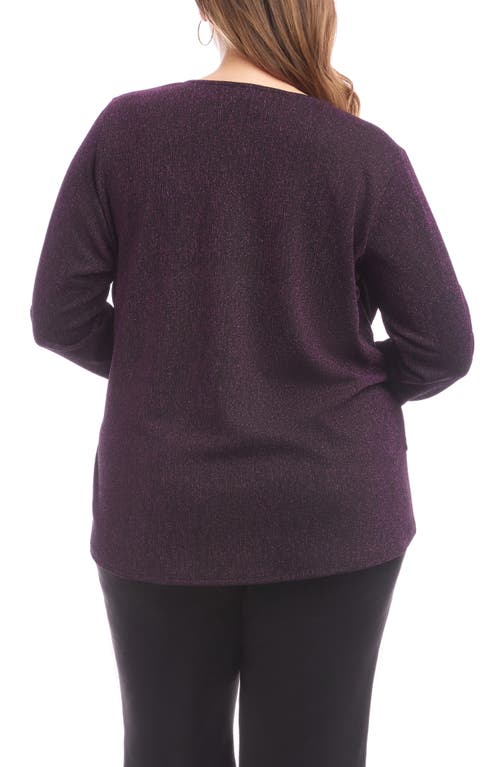 Karen Kane Metallic Knit Side Drape Long Sleeve Top In Purple