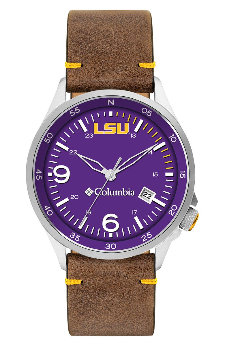 Columbia Canyon Ridge LSU Leather Strap Watch, 42mm, Main, color, 