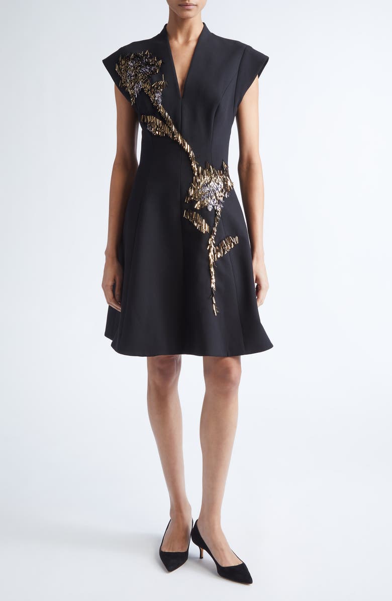 Lela Rose Fishing Lures Embroidered Fit & Flare Cocktail Dress, Main, color, Black