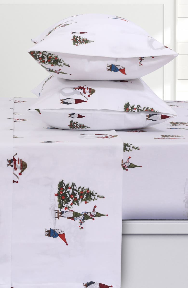 AZORES HOME Gnomes Cotton Flannel Sheet Set, Alternate, color, White Multi