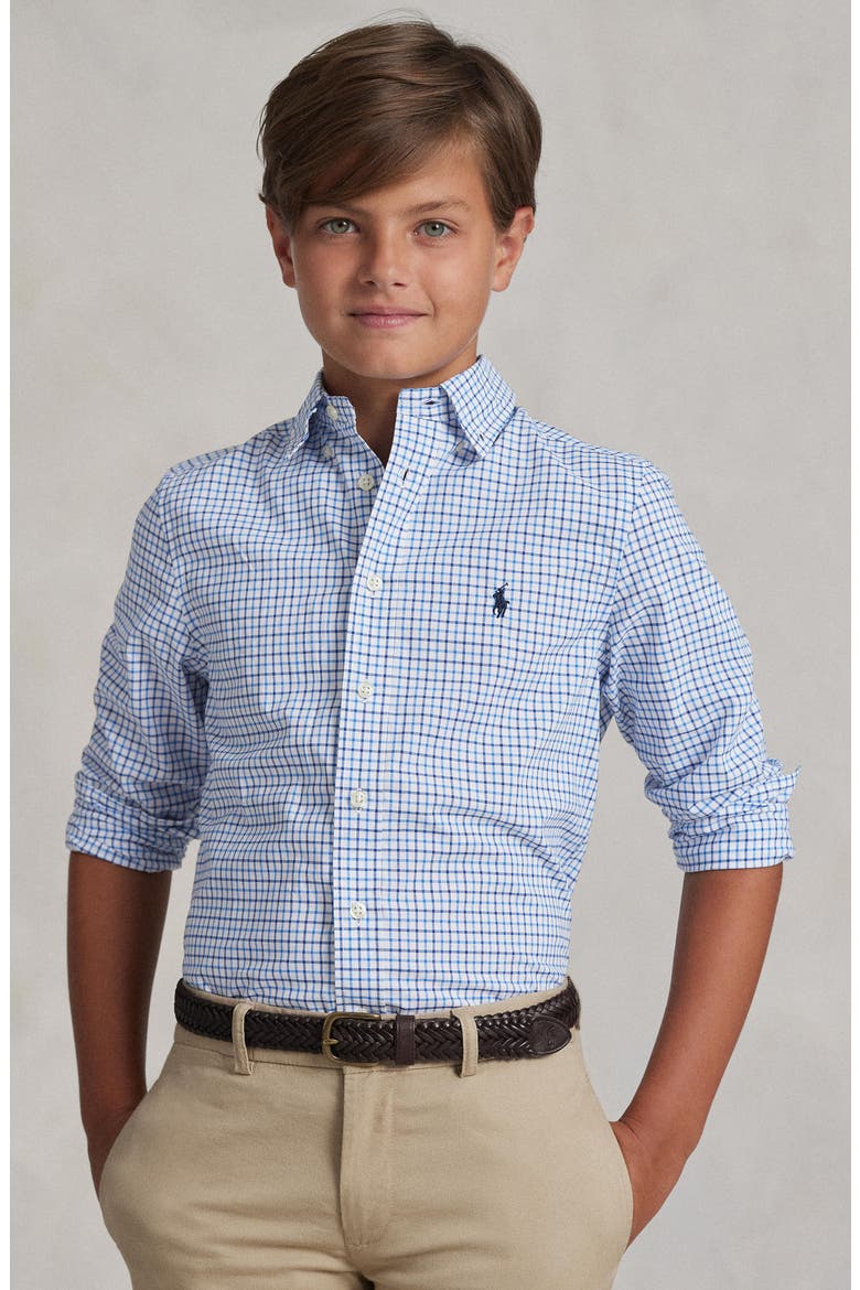 Kids' Tattersall Cotton Button-Down Shirt, Alternate, color, BLUE MU