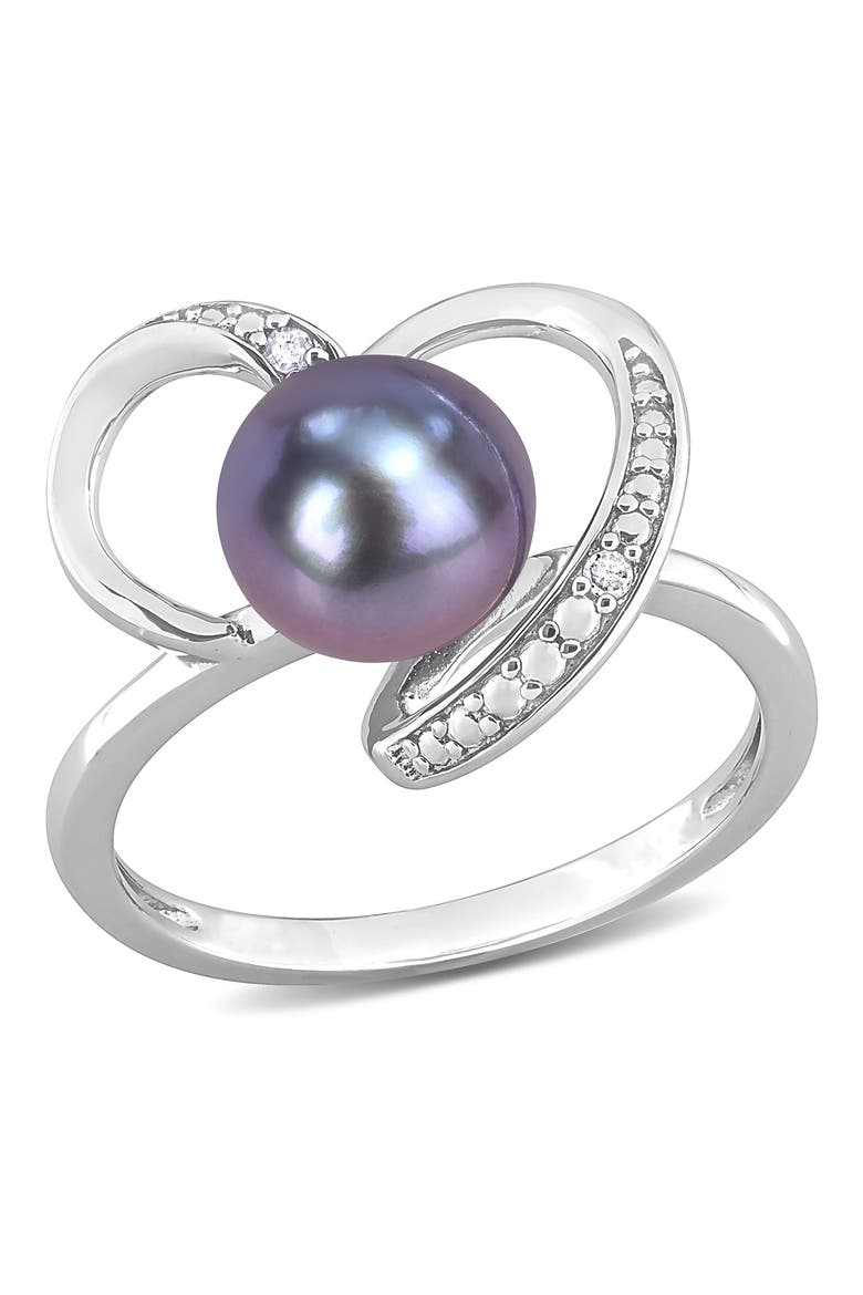 Sterling Silver Diamond & 8-8.5mm Black Cultured Freshwater Pearl Ring - 0.02 ctw, Main, color, BLACK