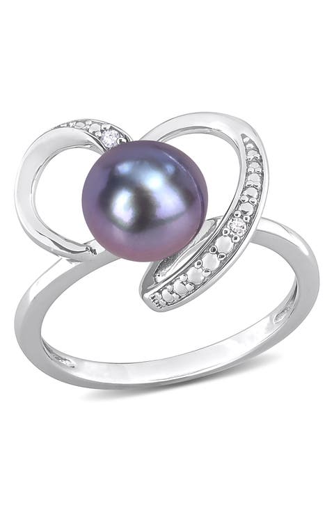Sterling Silver Diamond & 8-8.5mm Black Cultured Freshwater Pearl Ring - 0.02 ctw