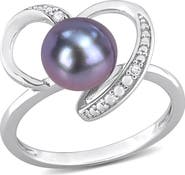 DELMAR Sterling Silver Diamond & 8-8.5mm Black Cultured Freshwater Pearl Ring - 0.02 ctw
